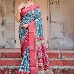 ALMAARI FASHION Floral Woven Design Zari Tussar Silk Kanjeevaram Saree & Unstitched Blouse image 3