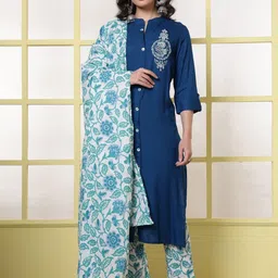 anouk rustic Anouk Women Floral Embroidered Regular Thread Work Kurta with Trousers & With Dupatta-picture-2