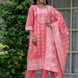 SANISA Women Pink Woven Design Cotton Blend With Dupatta image 2