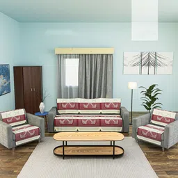 Aura Cream-Coloured & Red 10 Pieces Printed Cotton 5 Seater Sofa Covers-image-22