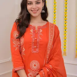 JAIPURI COLLECTION Women Ethnic Motifs Printed Regular Mirror Work Pure Cotton Kurta with Trousers & With image 5