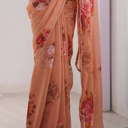 KALINI Floral Printed Beads & Stones Saree With Unstiched Blouse Piece image 4