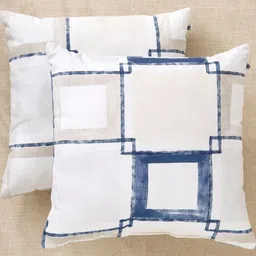 Home Centre Blue & White 2 Pieces Geometric Printed Cotton Square Shaped Filled Cushions image 1