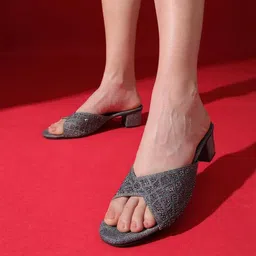 Kneetoes Women Sparkly Grey Block Heel Sandals-picture-14