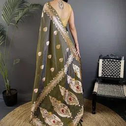 kalini Olive Banarasi Silk Zari Meenakari Weaving Saree With Matching Blouse Piece image 4