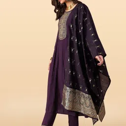 Anouk Rustic Floral Yoke Design Round Neck Zari A-Line Kurta With Trousers With Dupatta image 3