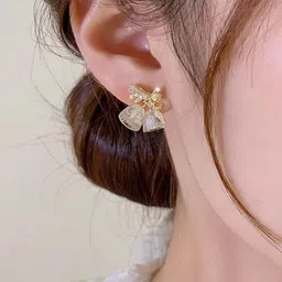 Estailo fashion Artificial Stones Studded & Beaded Bow Shaped Studs image 5