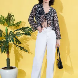 ANVI Be Yourself WomenPrint Flared Sleeve Ruffles Chiffon Crop Top image 2