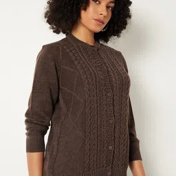 max Women Cable Knit Self Design Round Neck Cardigan-image-87