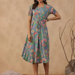 JISORA Women's Green Pritned Russian Silk Dress-picture-34