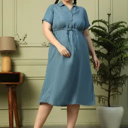 Oxolloxo Plus Size Collared Neck With Button Detail Elasticated Waist Tencel Denim Dress-picture-13