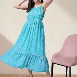 Popwings Women Floral Printed Shoulder Straps Fit & Flare Midi Dress-image-70