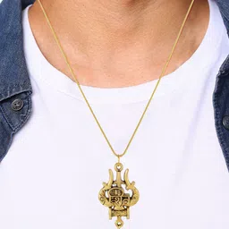 ADMIER Unisex Gold-Plated Trishul Damaroo Rudraksha Beaded Pendant with Chain image 3