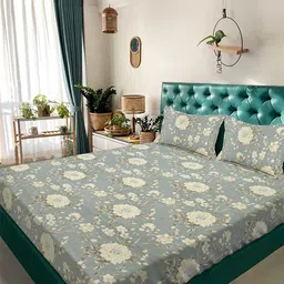 Arrabi Grey & Yellow Floral 350 TC Bedsheet with 2 Pillow Covers-image-50