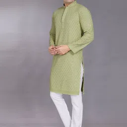 PulseIQ Men Geometric Embroidered Thread Work Kurta image 4