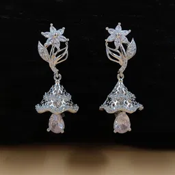 JYONA Silver-Plated American Diamond & Cubic Zirconia Studded Dome Shaped Jhumkas-image-7