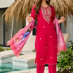 FIDHARA Women Floral Embroidered Thread Work Kurta with Trousers & Printed Dupatta image 2