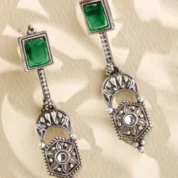 Priyaasi Silver-Plated Emerald Stone Studded Contemporary Oxidized Drop Earrings-picture-40