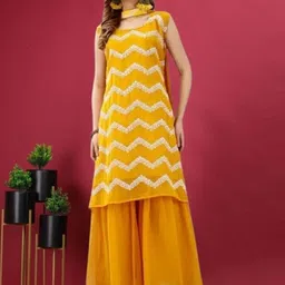 PARROT CREATION Embroidered Straight Sequinned Kurti With Sharara And Dupatta image 5