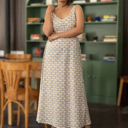 Nilam India Hand Block Print Yellow Sleeveless Midi Dress image 5