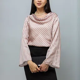 PURYS WORKSPACE Women Striped Cowl Neck Bell Sleeve Satin Top image 4