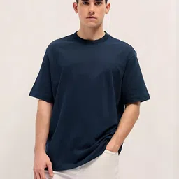 MEGAKART Men Navy Blue Pure Cotton Oversized Round Neck Short Sleeves T-shirt-picture-26