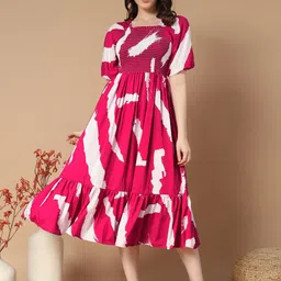 ZWERLON Print Puff Sleeve Applique A-Line Midi Dress image 1