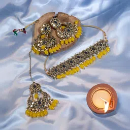 zarmar fashion Gold-plated Artificial Beaded Mirror Necklace With Earrings And Maang Tika-picture-40