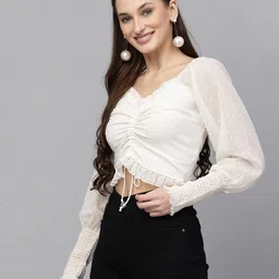 aayu Casual Regular Sleeves Self Design Women White Top image 3