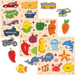 Wooden Set of 3 Puzzles with Sea Aniamals, vegetables and Transport Vehicles-image-3