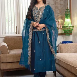 Kedar Fab Women Cotton Blend Ethnic Motifs Embroidered Regular Thread Work Kurta Set-picture-41