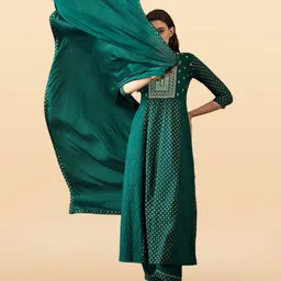 Anouk Rustic Women Floral Embroidered Sequinned Kurta with Trousers & With Dupatta image 3