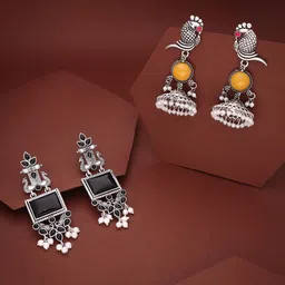 Sangria Set Of 2 Silver-Plated Artificial Stones Studded and Beads Beaded Drop Earrings-image-66