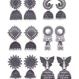 Sangria Set Of 6 Silver-Plated Dome Shaped Oxidized Jhumkas-image-33