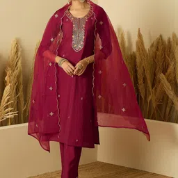 Anouk Women Embroidered Regular Thread Work Kurta with Trousers & Dupatta image 4