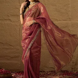 House of Pataudi Solid Sequinned Fancy Border Saree With Unstitched Blouse image 3