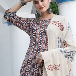 Taavi Floral Printed Keyhole Neck Pure Cotton Straight Kurta & Trousers With Dupatta-picture-34