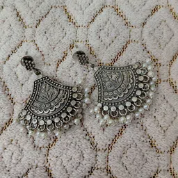 Sansik Silver-Plated Artificial Beaded Contemporary Shaped Oxidised Drop Earrings image 3