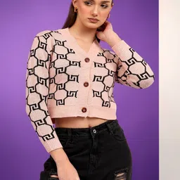 NOWI Women Printed Woollen Crop Cardigan image 4