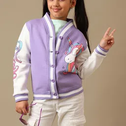 Kids Ville Girls Stand Collar Graphic Printed Varsity Jacket-picture-13