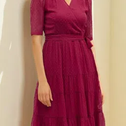 Stylecast X Slyck Solid Pattern V-Neck Fit and Flare Knee Length Dress image 2