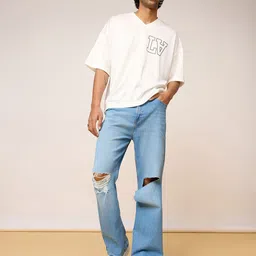 FREAKINS Men Wide Leg High-Rise Slash Knee Light Fade Jeans-picture-22