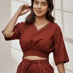 VASTRAMAY Solid V-Neck Cotton Chambray Crop Top-picture-8