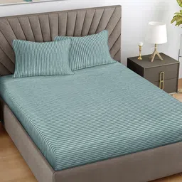 Myntra Elegant Homes Green Striped Woollen 300 TC King Bedsheet Set 2.5 m x 2.25 m-image-4
