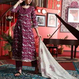 Sangria Floral Printed Round Neck Cotton A-Line Kurta With Trousers & Dupatta-picture-25