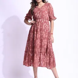 all about you Floral Embroidered Puff Sleeve Jacquard Fit & Flare Midi Dress-image-24