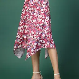 OOMPH! FACTOR Floral Printed A-Line Midi skirt With Adjustable Waist & Handkerchief Hem image 4