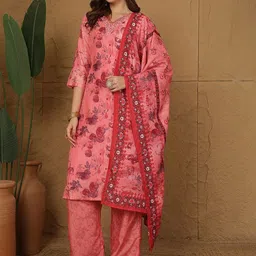Anouk Floral Printed V-Neck Thread Work Straight Kurta With Trousers And Dupatta-picture-26