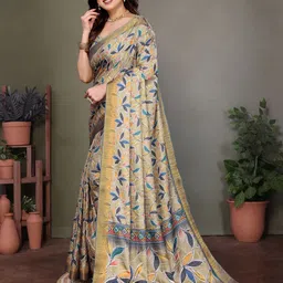 vj fashion Floral Zari Linen Blend Saree image 2