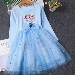 Xsole Girls Graphic Printed Bow Embellished Frozen Fit & Flare Dress-image-43